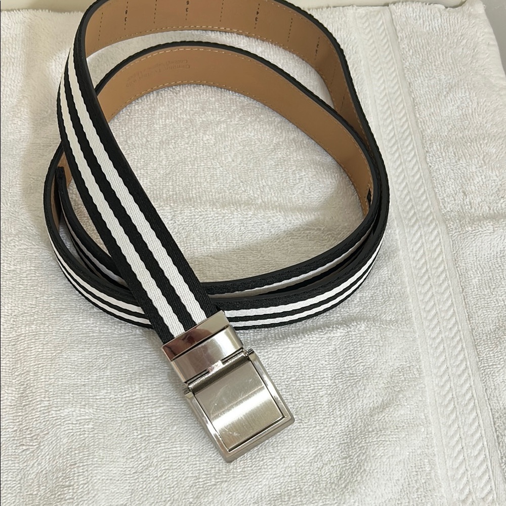 Black and White Striped Belt with Silver Buckle